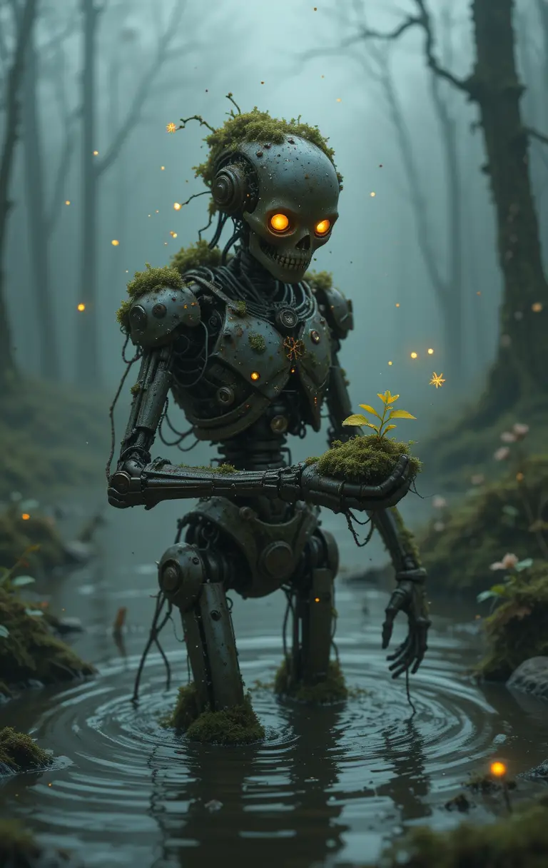 Robot rouillé portant une plante germante dans un marais brumeux