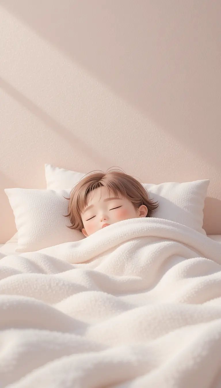 Niedliche 3D-Cartoonfigur schläft in einem gemütlichen Bett