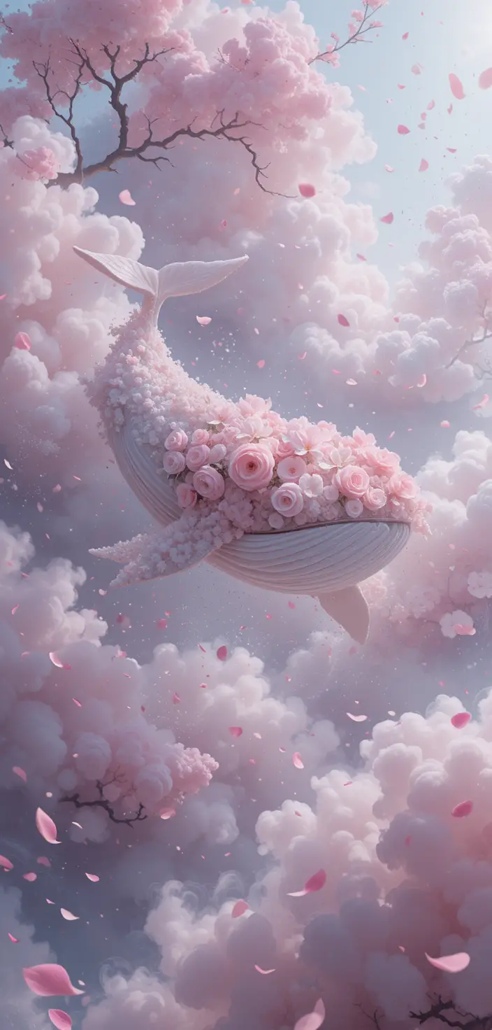 White whale flying through pink blossom filled skies