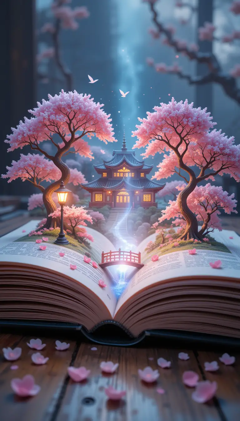 Libro aperto che si trasforma in un paesaggio magico di tempio giapponese