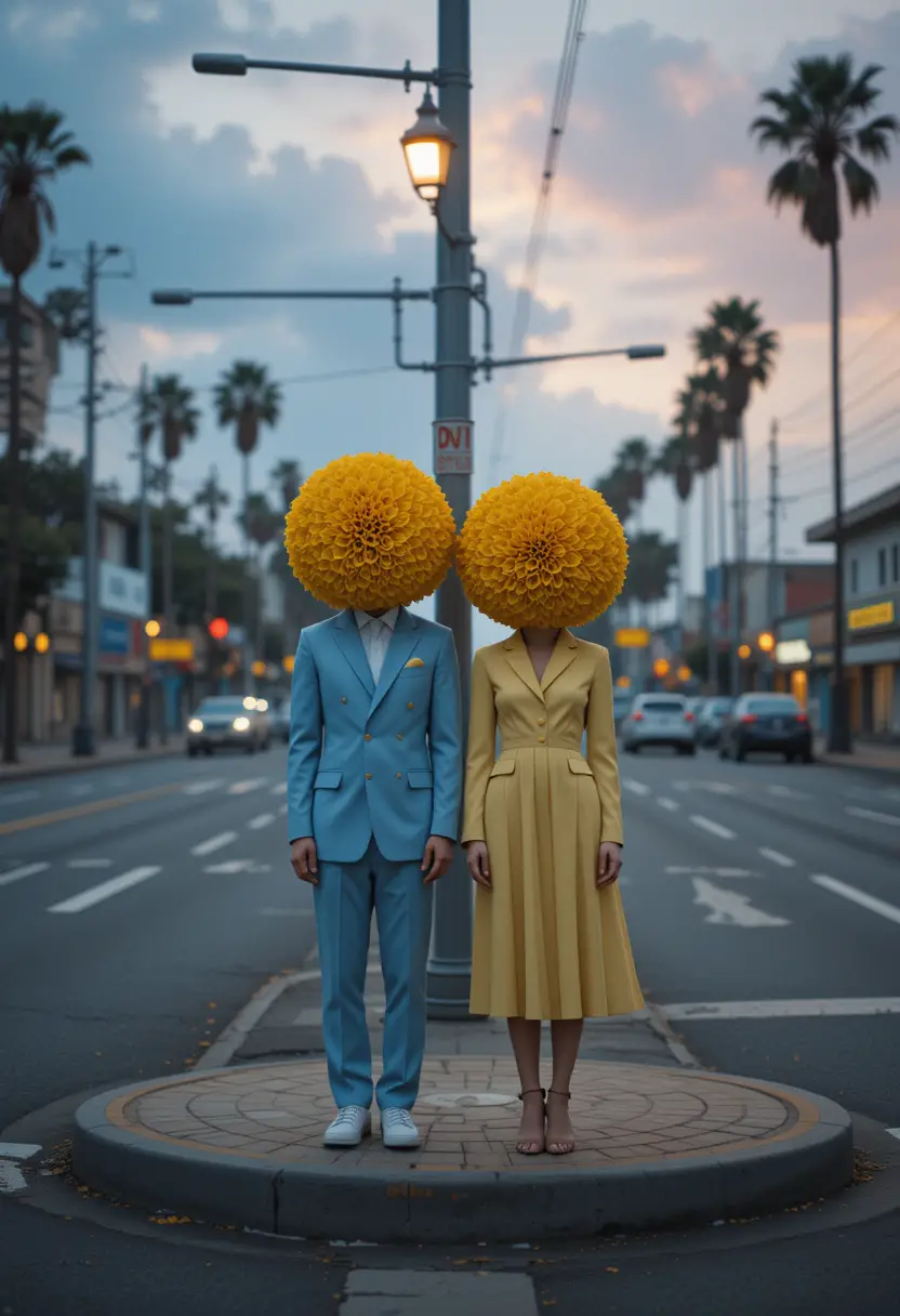 Stylish chrysanthemum headed figures on a sunny city corner