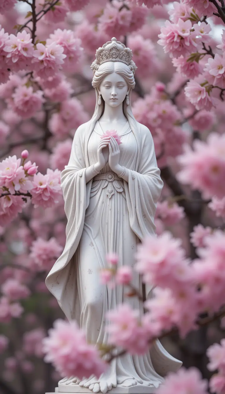 盛開櫻花中的春之女神雕像