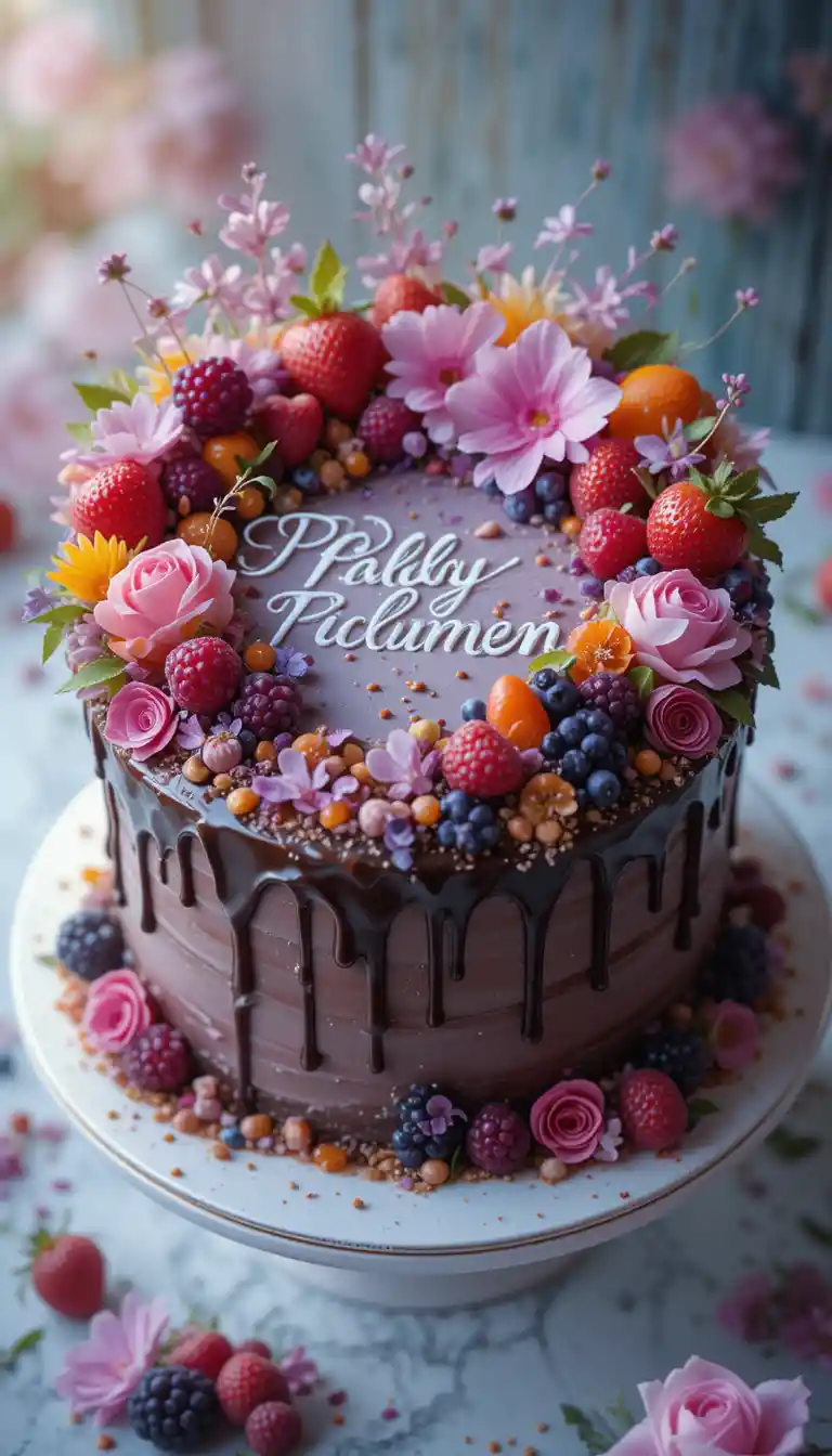 Chocolate cake with fresh fruits and flowers decoration