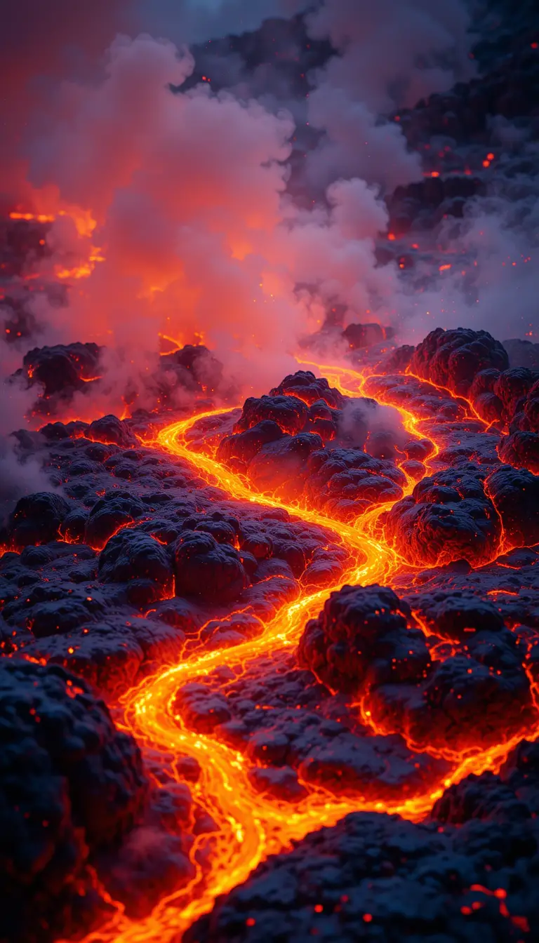 火山風景で立ち上る蒸気と出会う真っ赤な溶岩