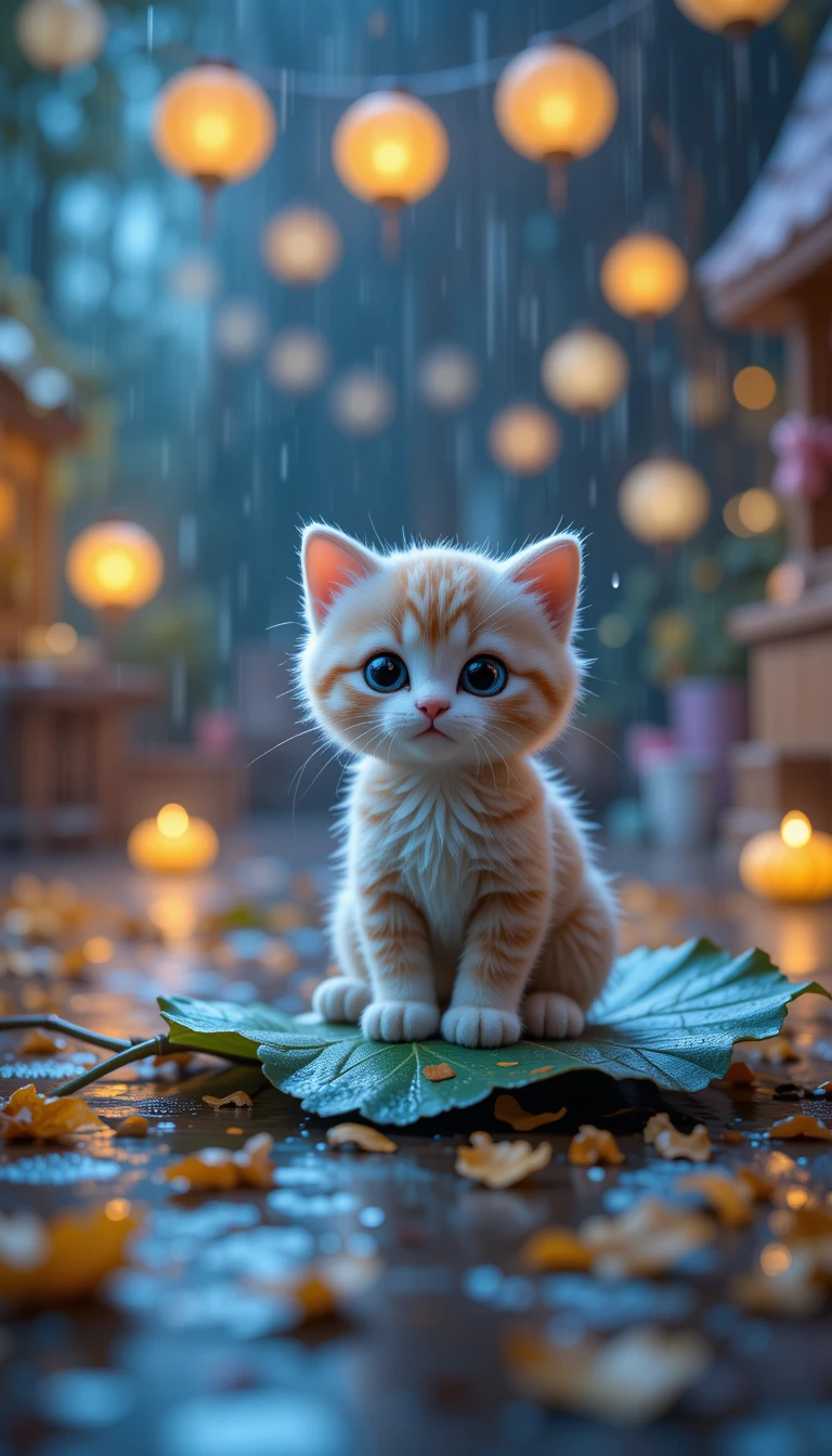 놀이방 젖은 잎 위의 귀여운 CGI 봉제 새끼 고양이