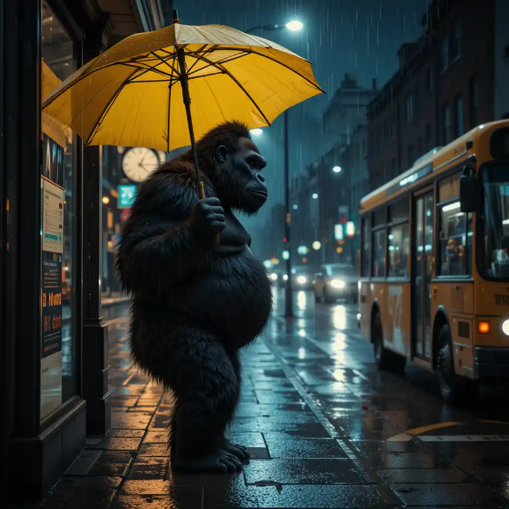 Gorilla With Yellow Umbrella At Rainy Night Bus Stop