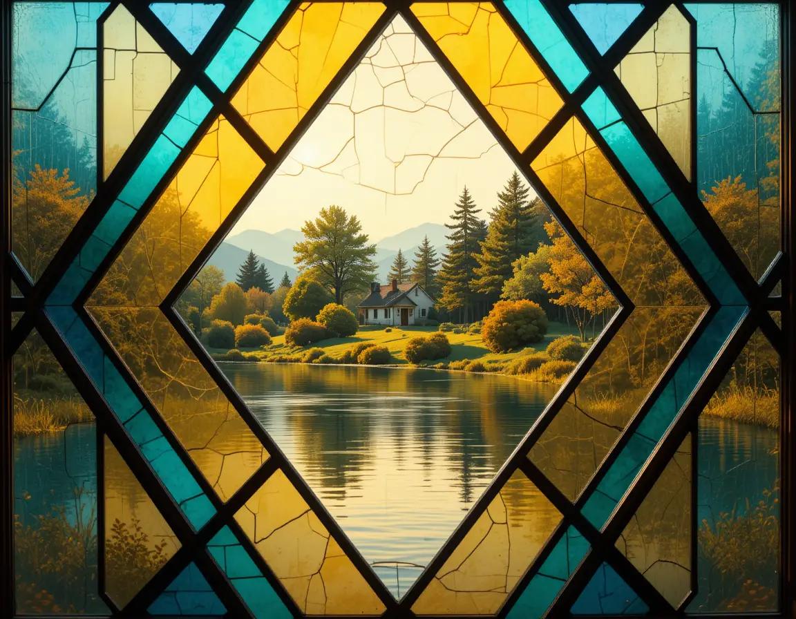 Vue vibrante en vitrail sur une eau calme et une maison
