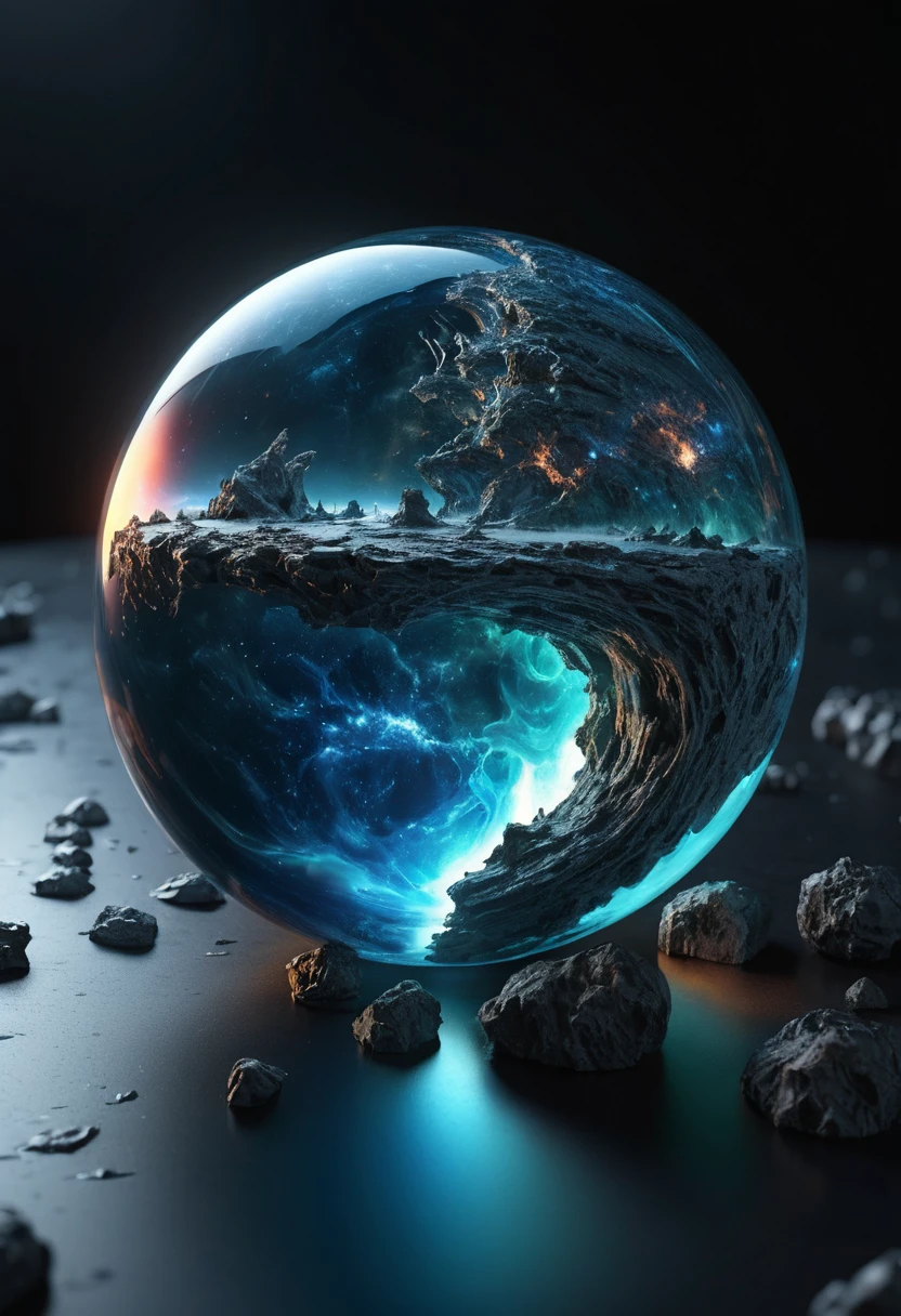 Surreal metallische Planetensphäre, die Mond und Erde verschmelzen lässt