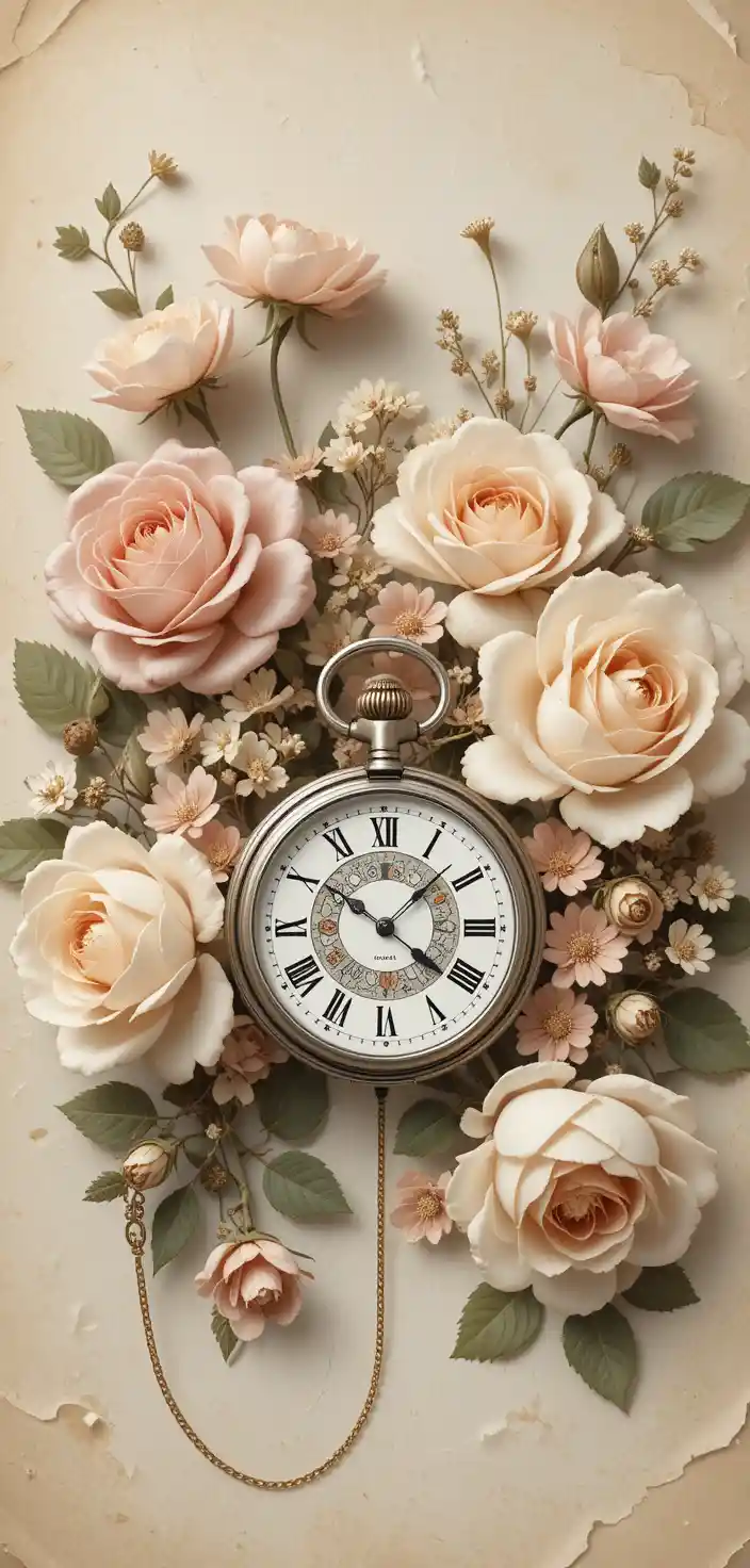 Vintage pocket watch with roses on parchment background