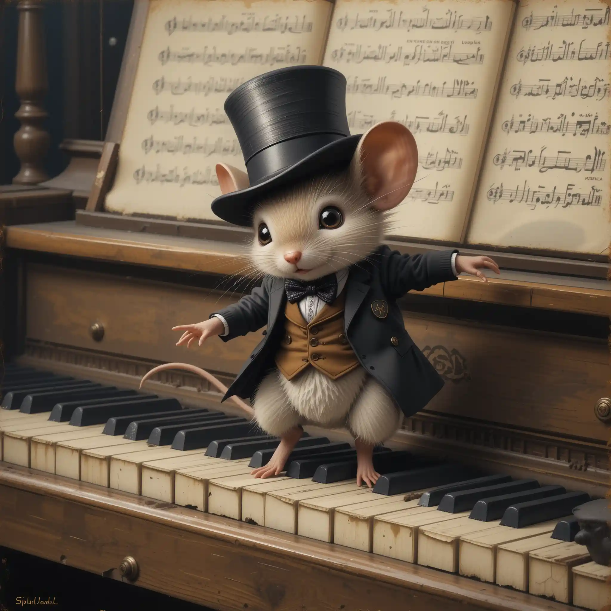 Dolce topolino che balla su un vecchio pianoforte in un dipinto vintage