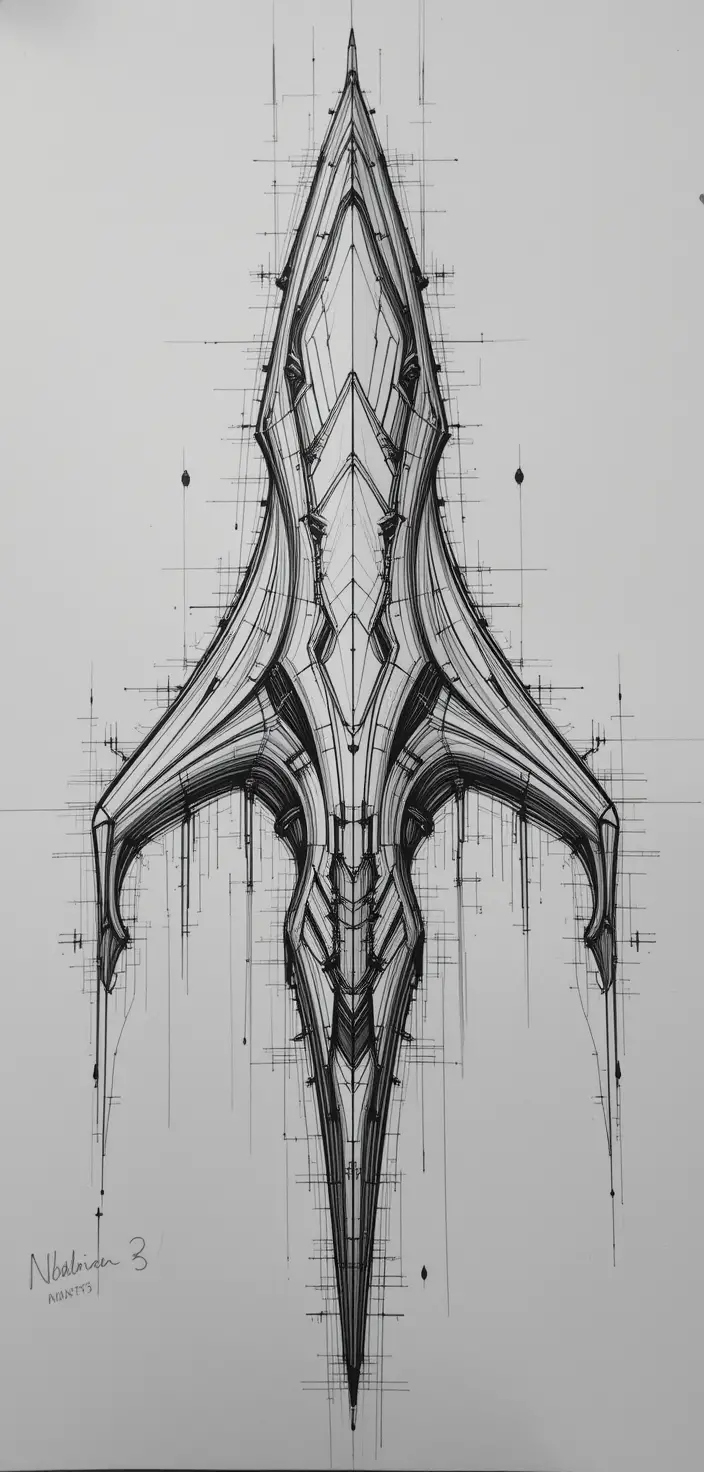 Disegno lineare astratto di un concept di astronave simmetrica