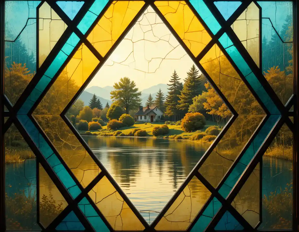 Vibrant stained glass view over calm water and house