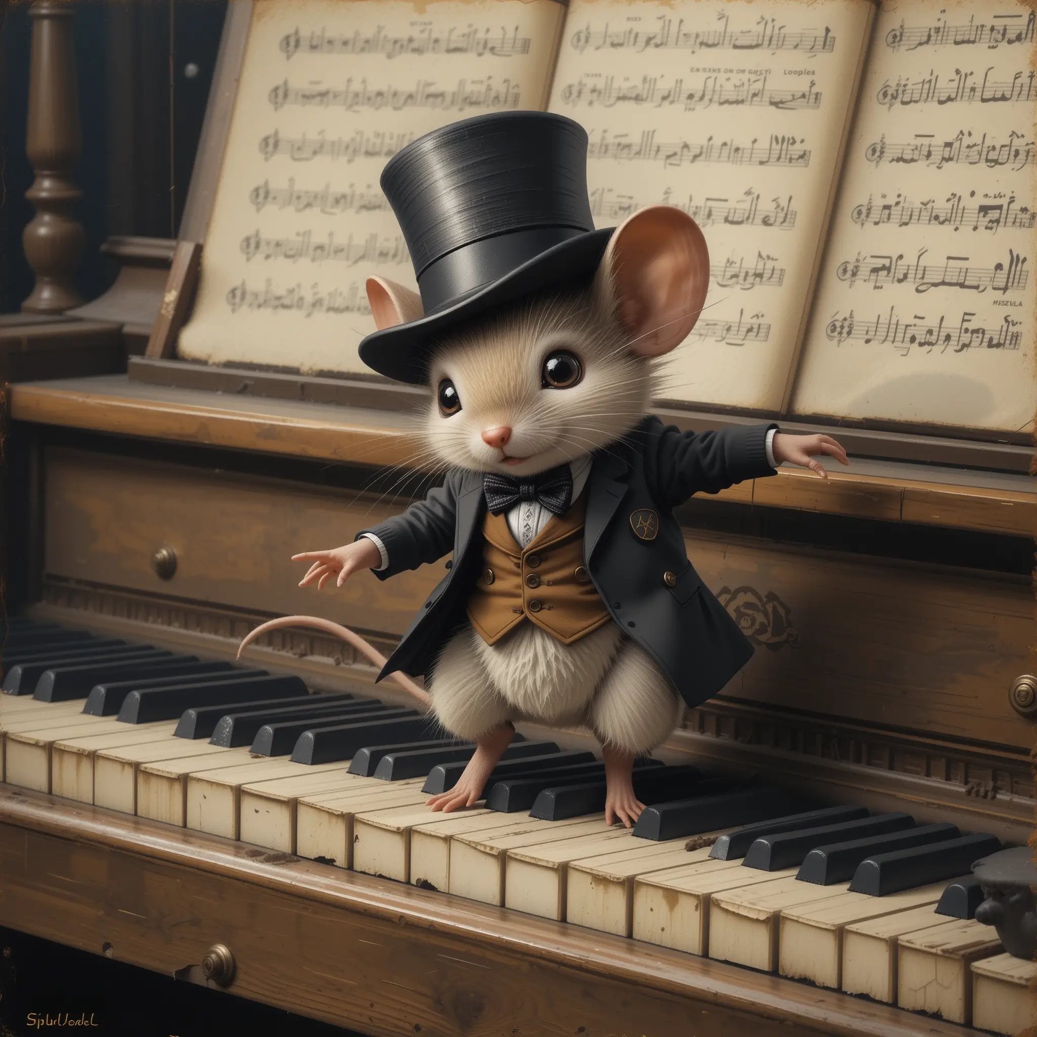 Dolce topolino che balla su un vecchio pianoforte in un dipinto vintage