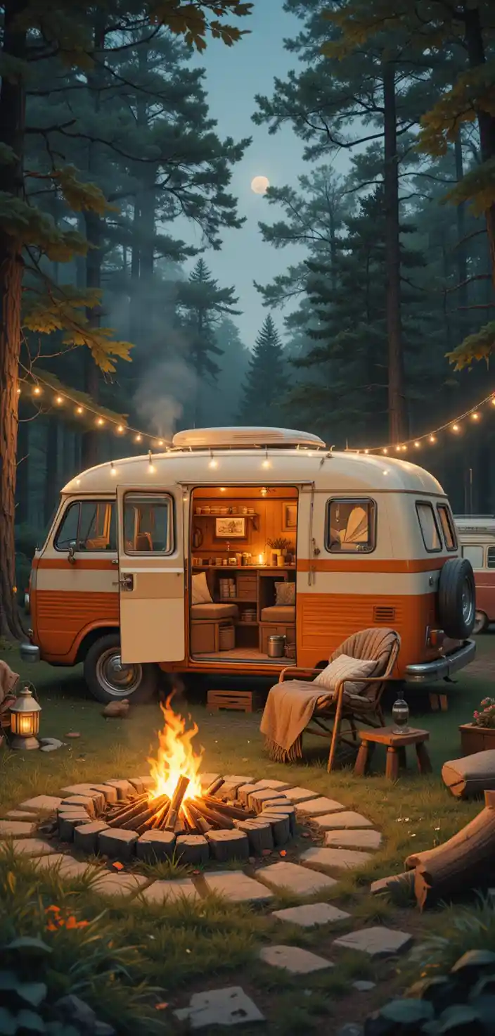 Happy brown bear by campfire at forest campsite