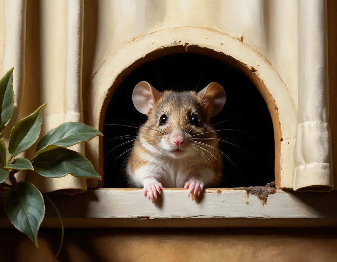 Souris curieuse regardant par un trou dans le mur