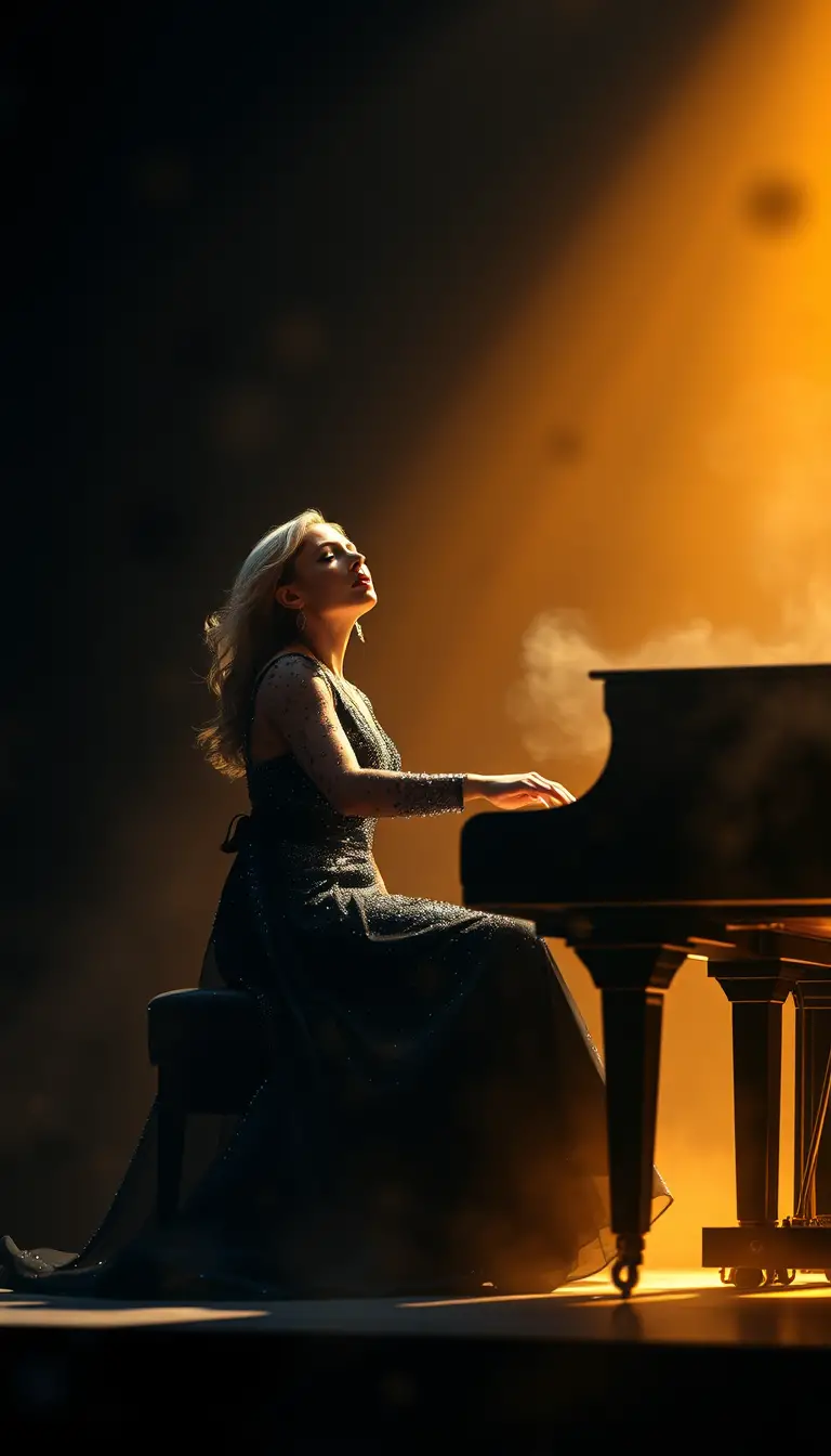 Femme au piano à queue sous un projecteur cinématographique chaud