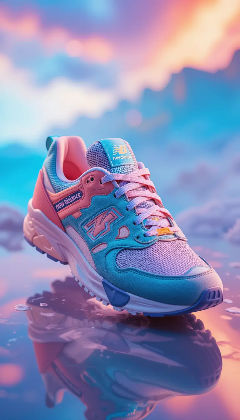 Bunter Sneaker in Nahaufnahme auf reflektierender Pastelloberfläche