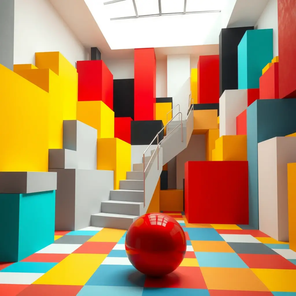 Fotorealistisches kubistisches Interieur mit farbenfrohen geometrischen Blöcken