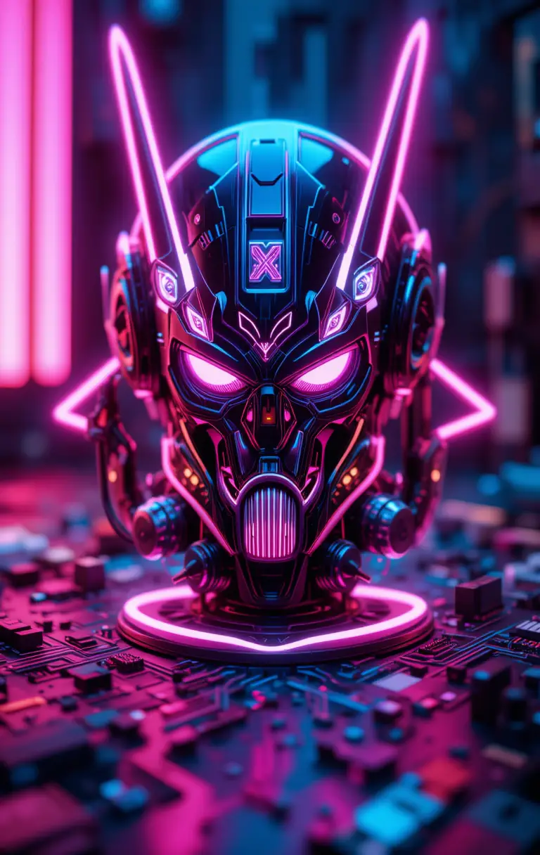 Neon-mechanischer Krieger-Logo mit futuristischer Symmetrie