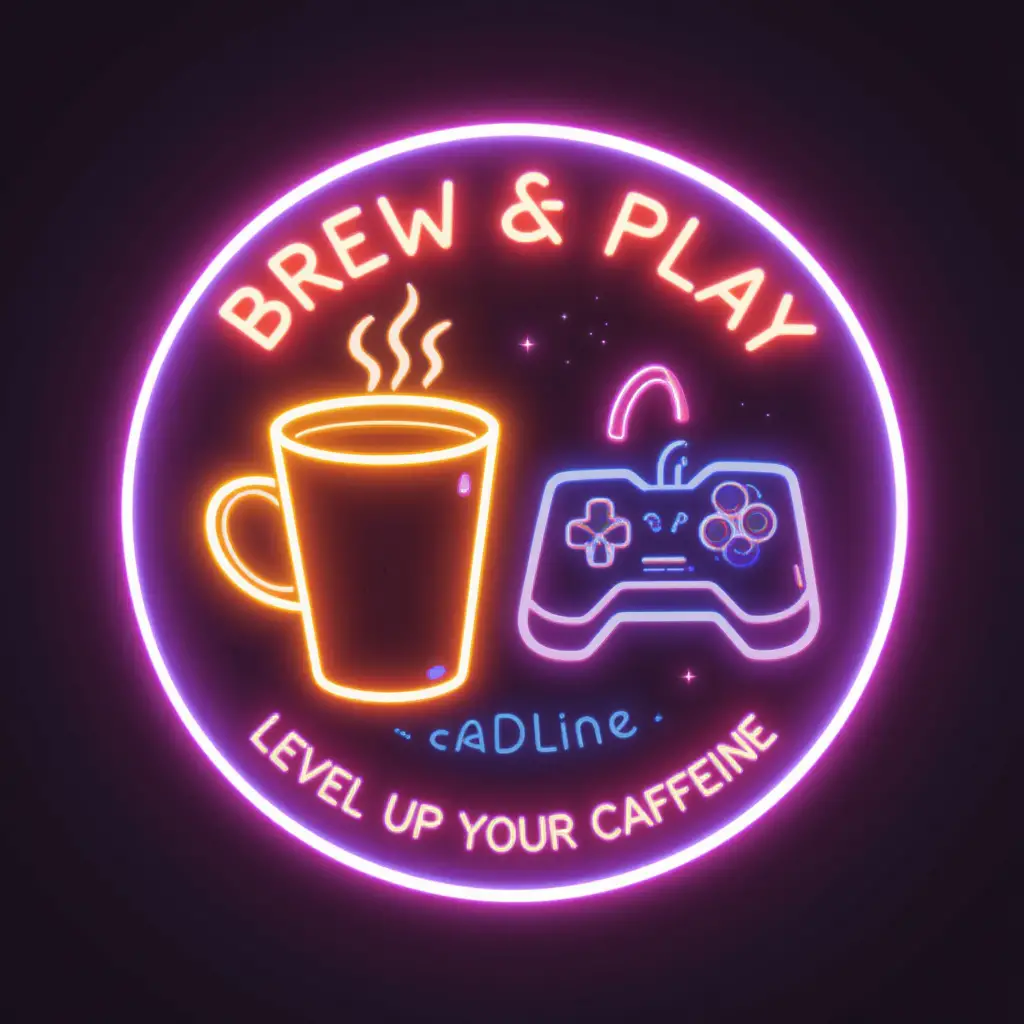 Kreisförmiges Neon-Logo mit Kaffeetasse und Joystick