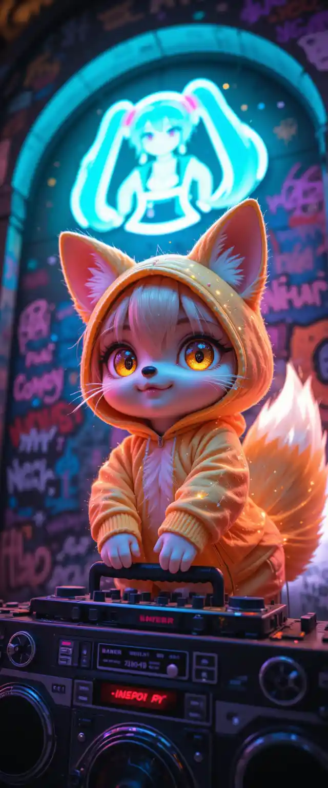 Chibi fox DJ posing with boombox on neon street
