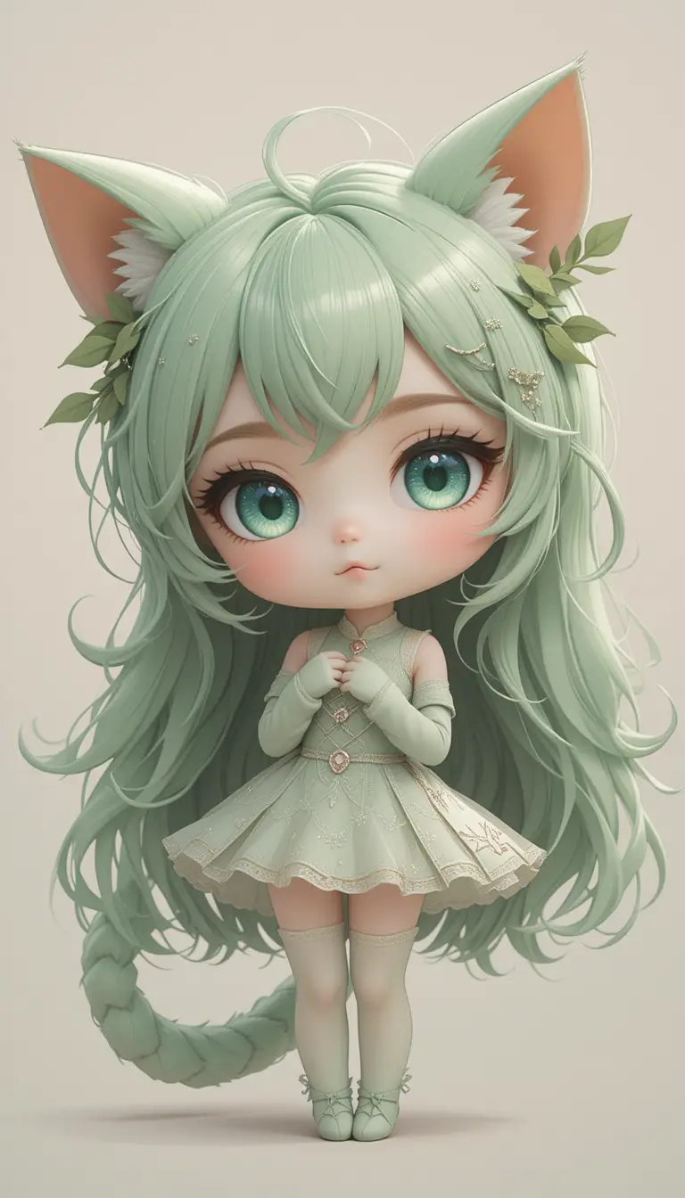 柔和粉彩背景的可愛樹上貓耳少女插畫