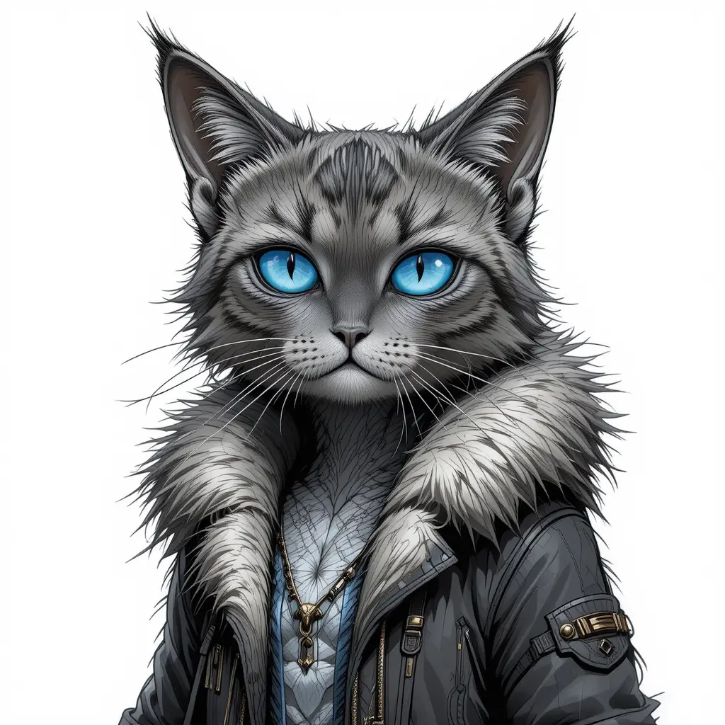 Anthropomorphe, blauäugige Katze in Pelzmantel Illustration
