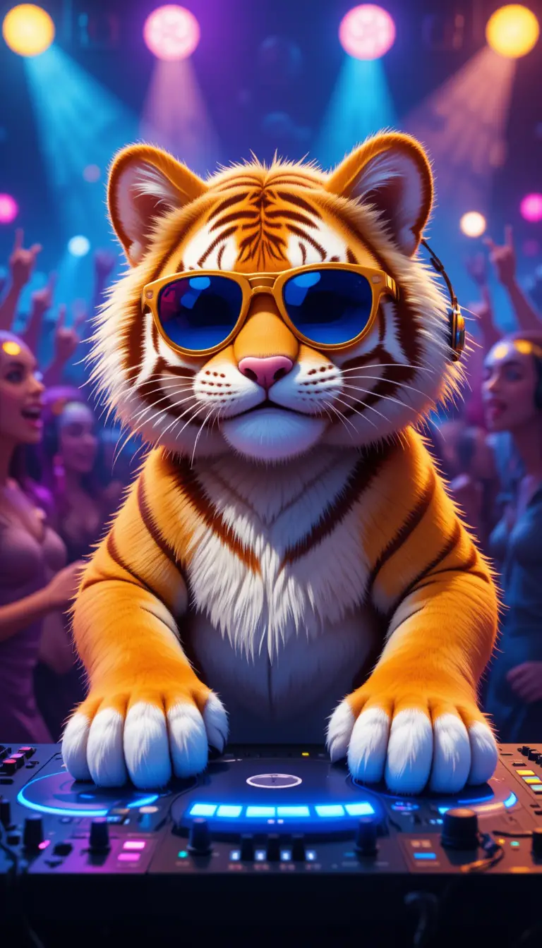 ネオンアニマルパーティーで音楽をプレイするジンジャータイガーDJ