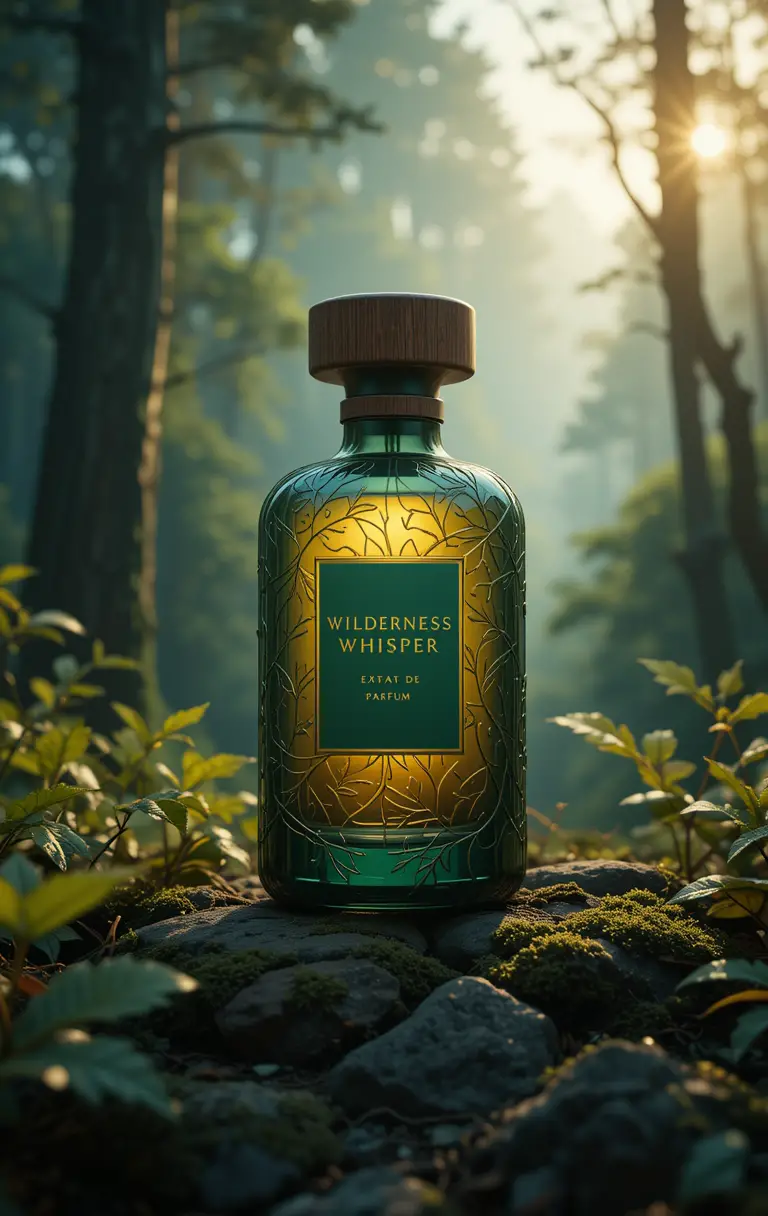 Flacone di profumo in una radura di foresta incantata all’alba