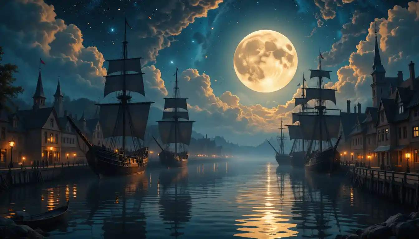 Sognante porto notturno europeo sotto un cielo celestiale illuminato dalla luna