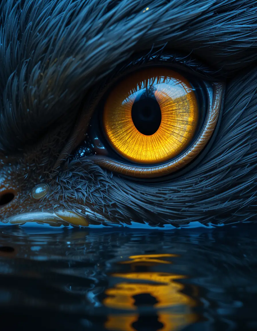 Nahaufnahme eines goldenen Vogelauges mit Wasserreflexion