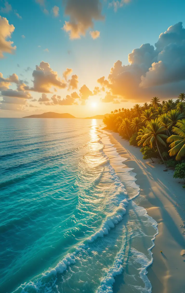 Aerial view of tropical coastline at warm golden hour
