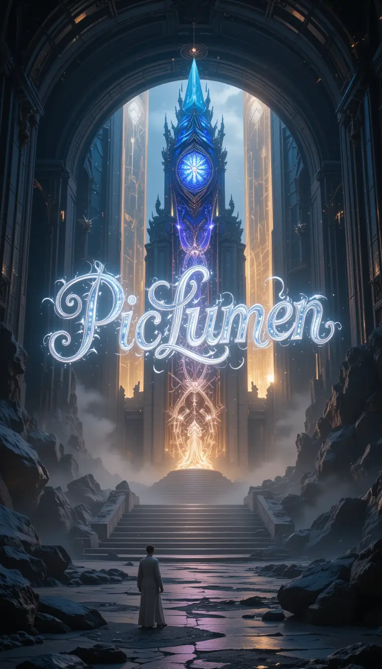 神秘的なファンタジー都市に輝くPicLumenテキスト
