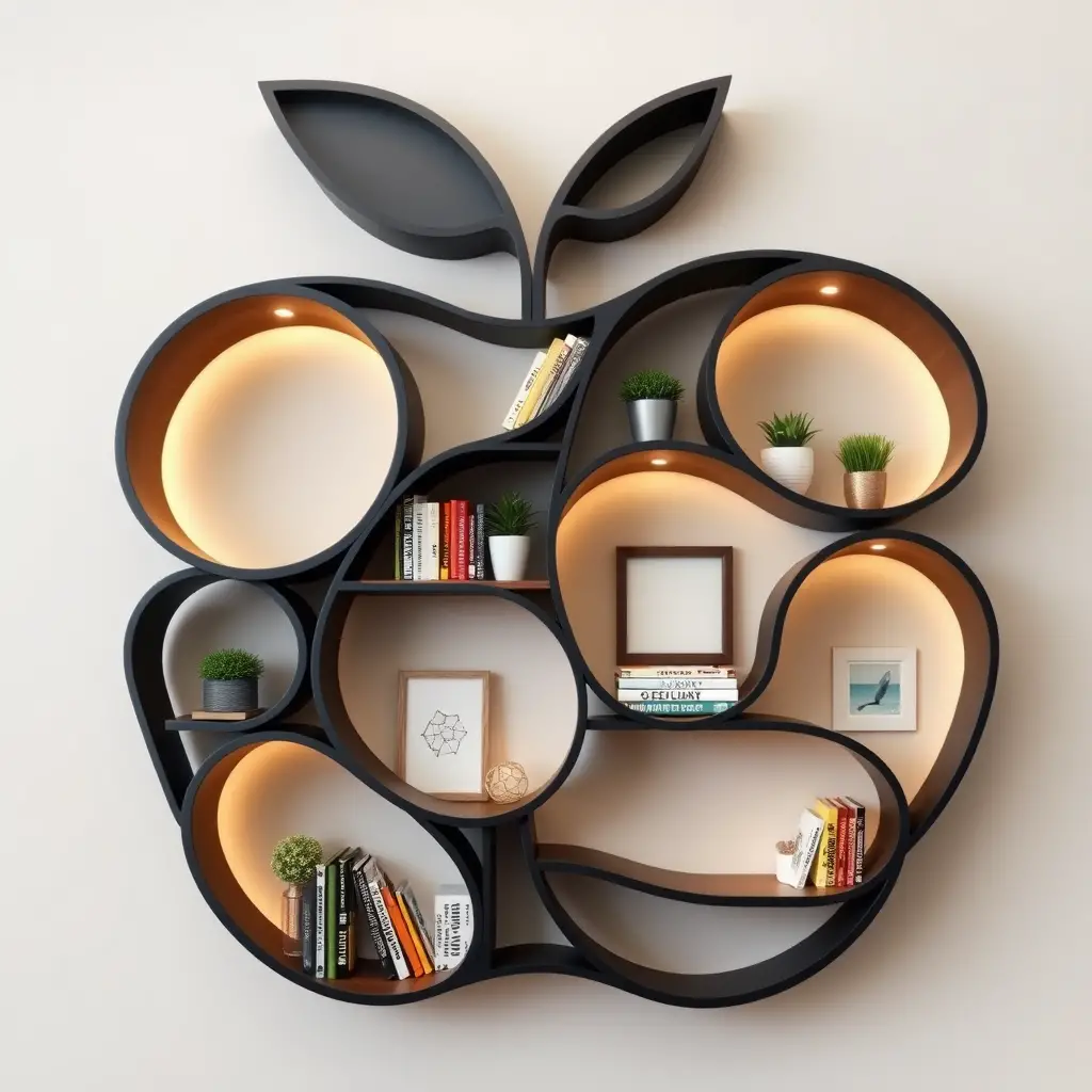 Modernes geschwungenes Bücherregal mit warmer LED-Beleuchtung und Deko