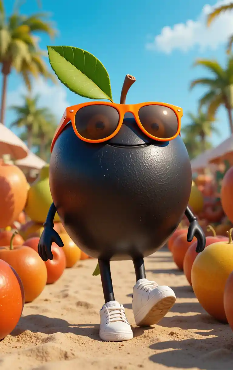 Black Apple Character Walking Through Colorful Fruit Crowd