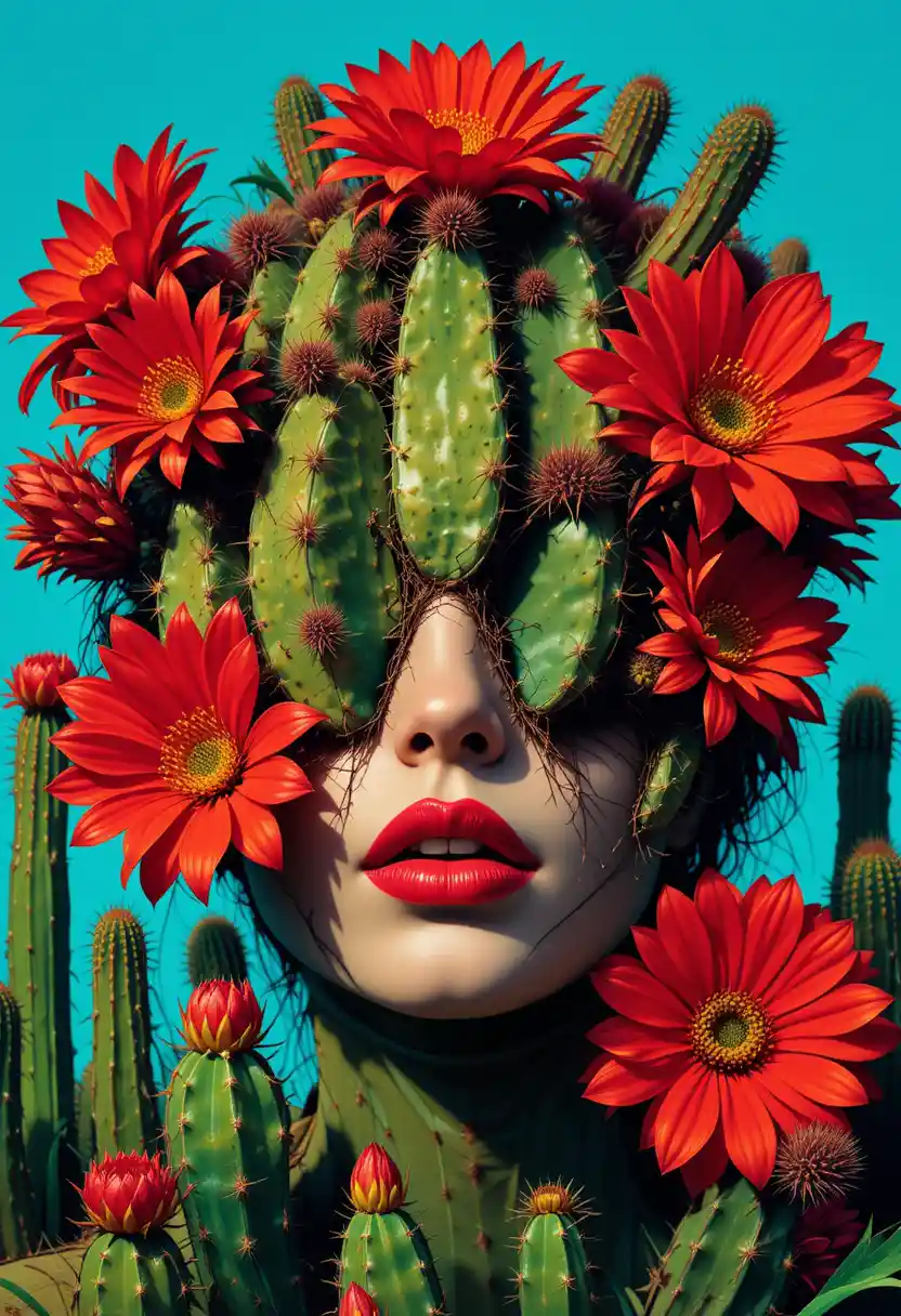 Surreal portrait of a face hidden by cactus and flowers