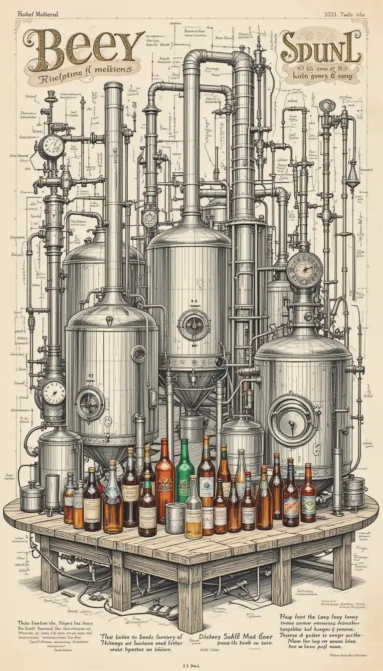 Detailed beer brewing equipment in technical illustration style