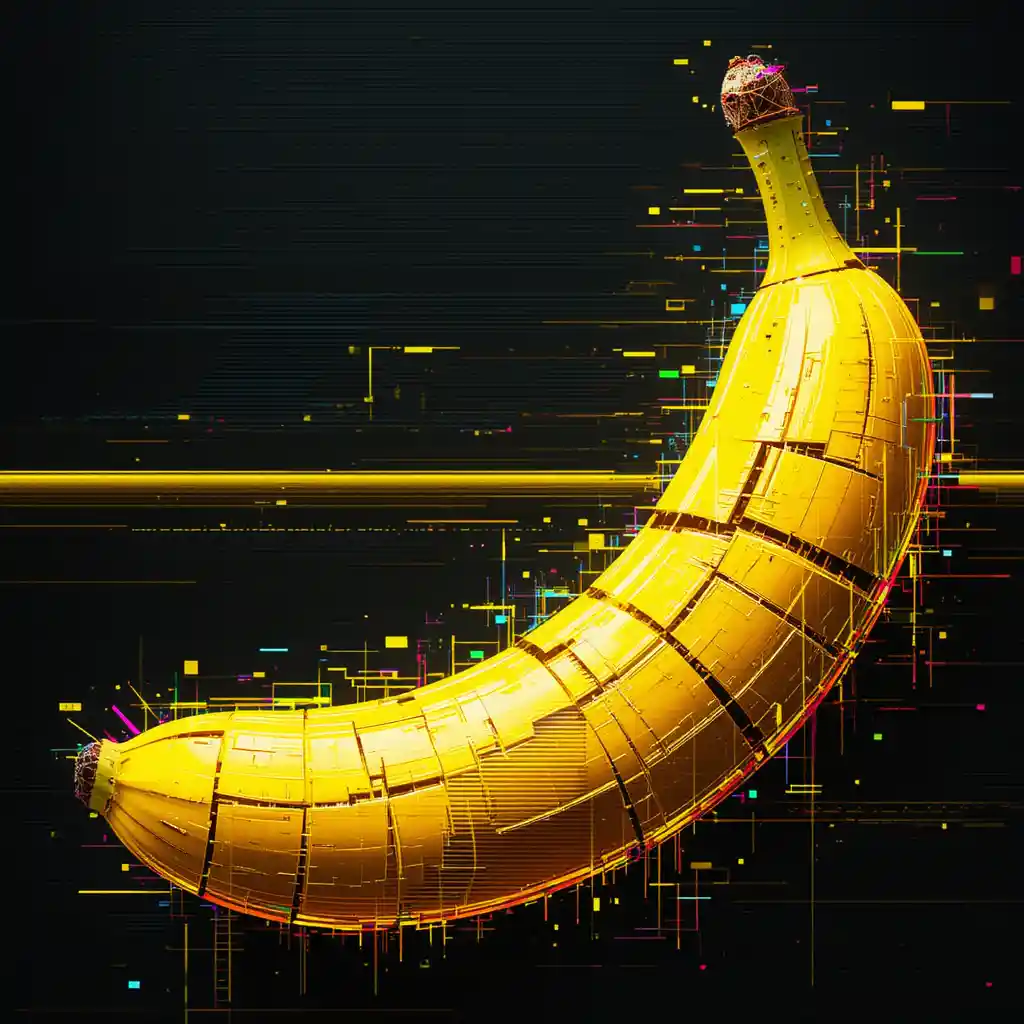 Primo piano glitch art di una banana digitale frammentata