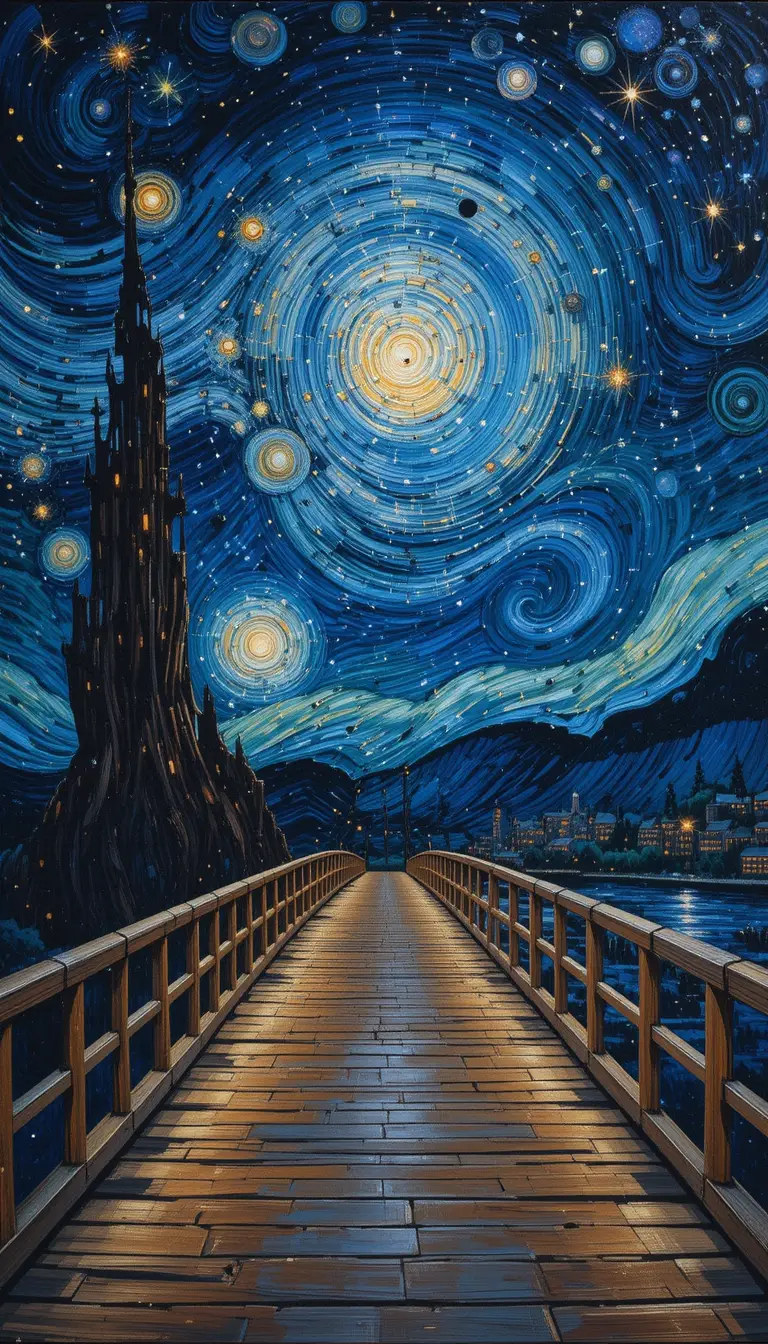 満月の夜、夢のような宇宙に架かる橋の絵画
