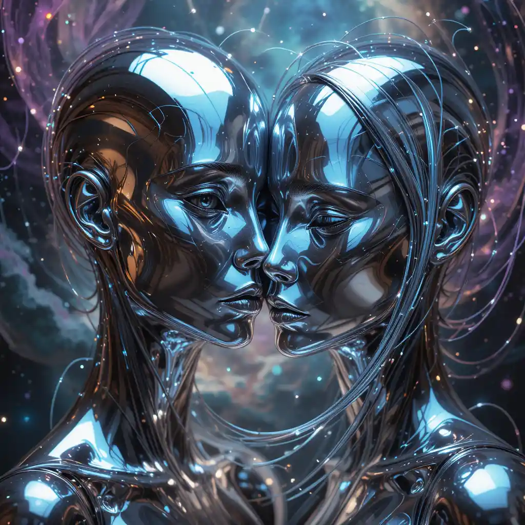 在宇宙星雲中旋繞的抽象鉻金屬面孔
