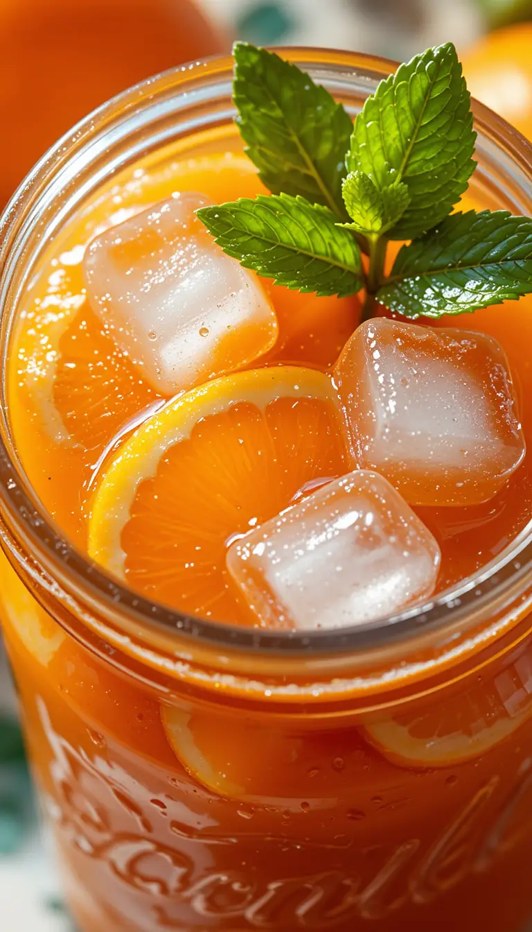 Gros plan d’un bocal de marmelade d’orange avec glace et menthe