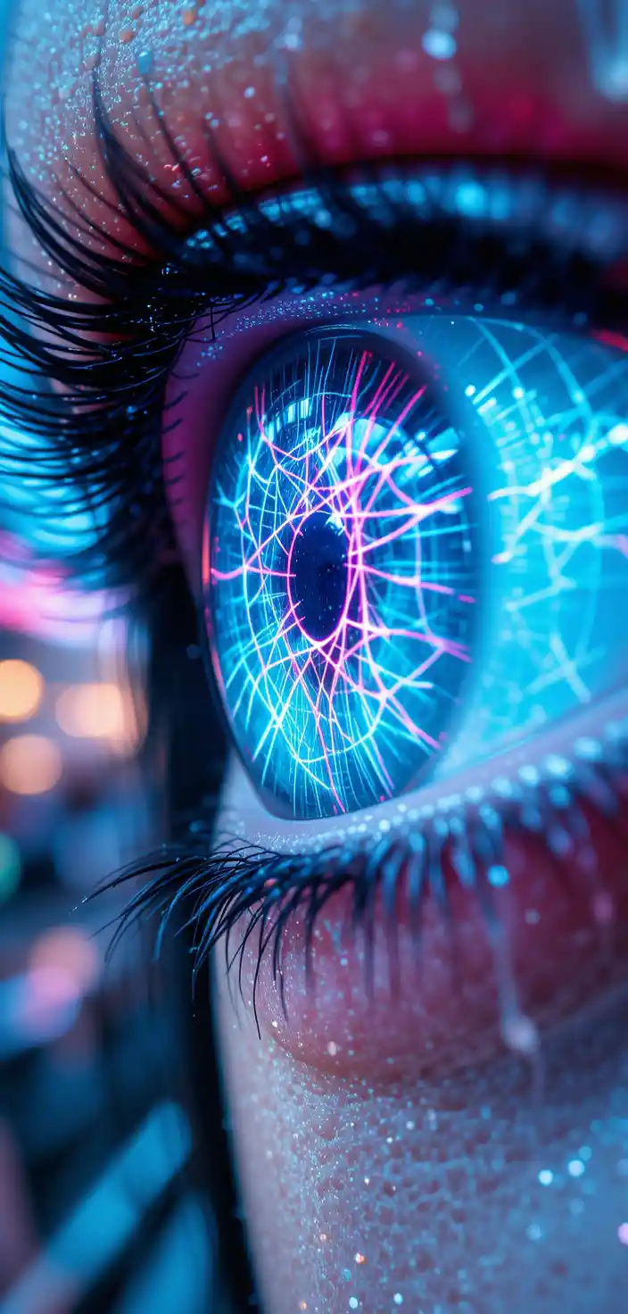 Extreme close up iris with neon reflections in rain