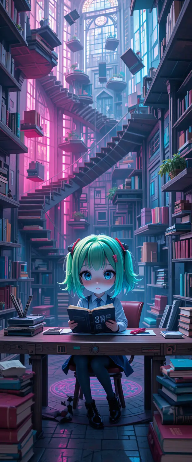 Chibi-Anime-Mädchen, das zwischen unmöglichen Neon-Treppen lernt