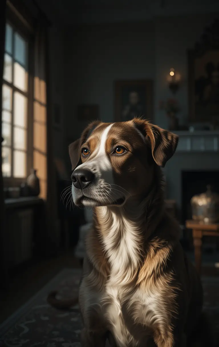 Retrato de cachorro com iluminação dividida dramática em um cômodo escuro