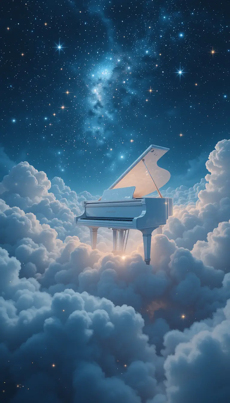 Pianoforte bianco fluttuante in un cielo notturno stellato da sogno