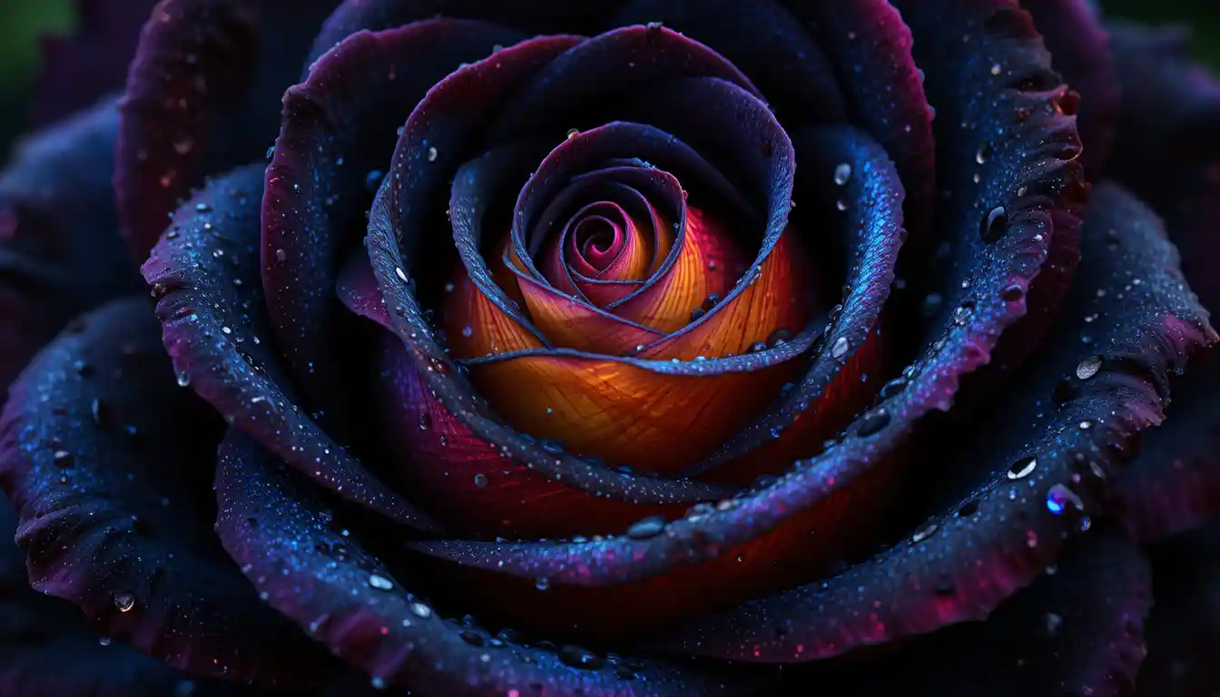Close up macro photo of a black rainbow rose