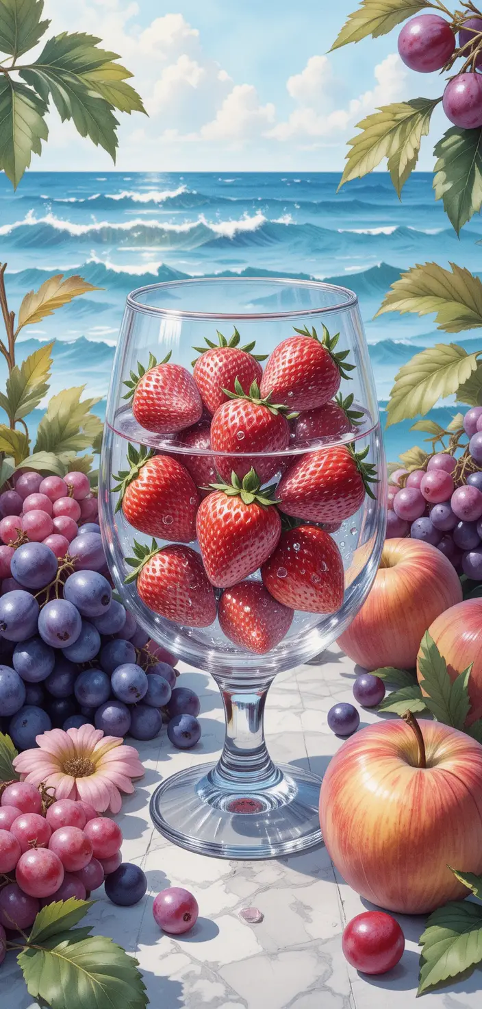Natura morta fotorealistica con frutta in una ciotola di vetro