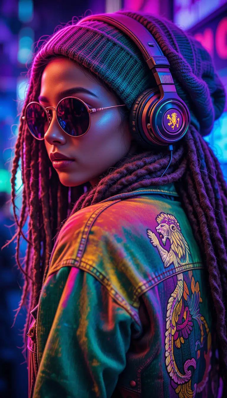 Femme rastafarienne en gros plan avec des lumières néon psychédéliques
