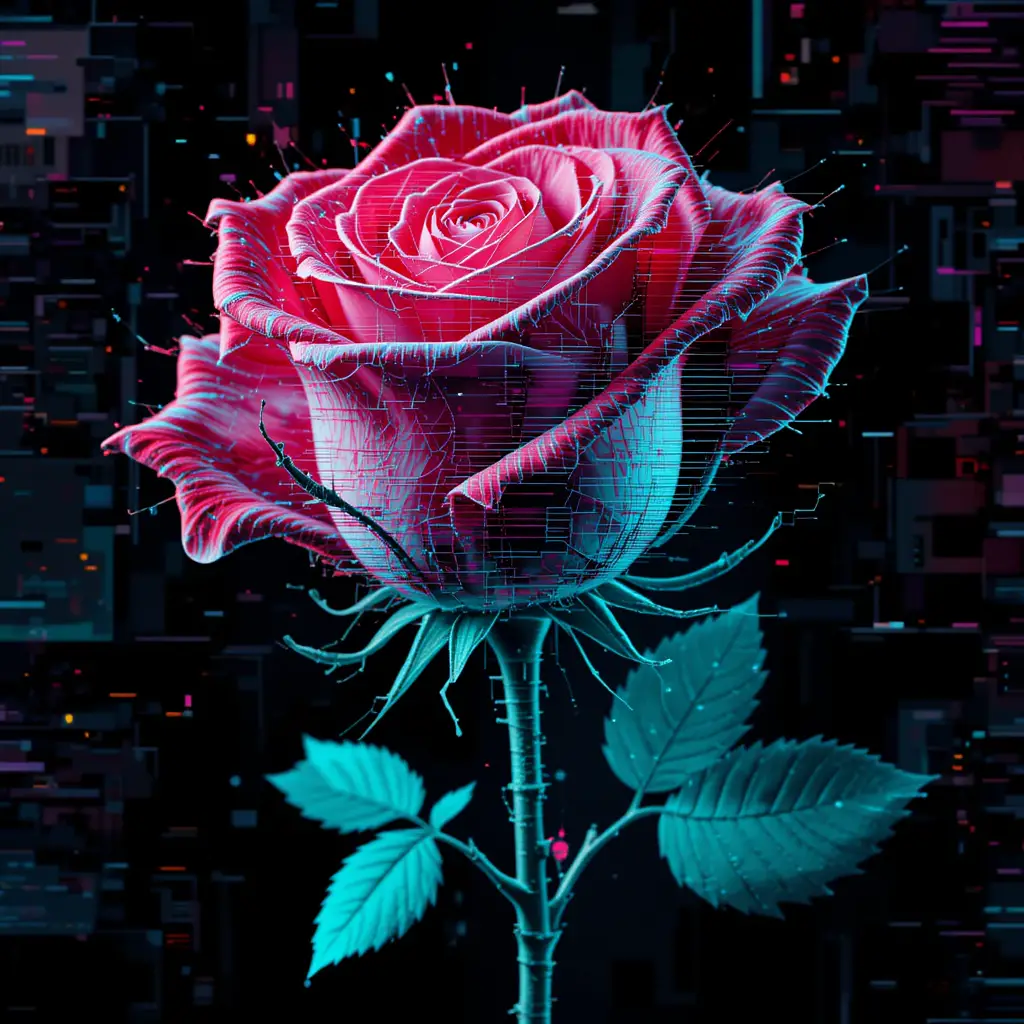 Glitch-Art-Rose mit neonfarbener digitaler Verzerrung und Artefakten