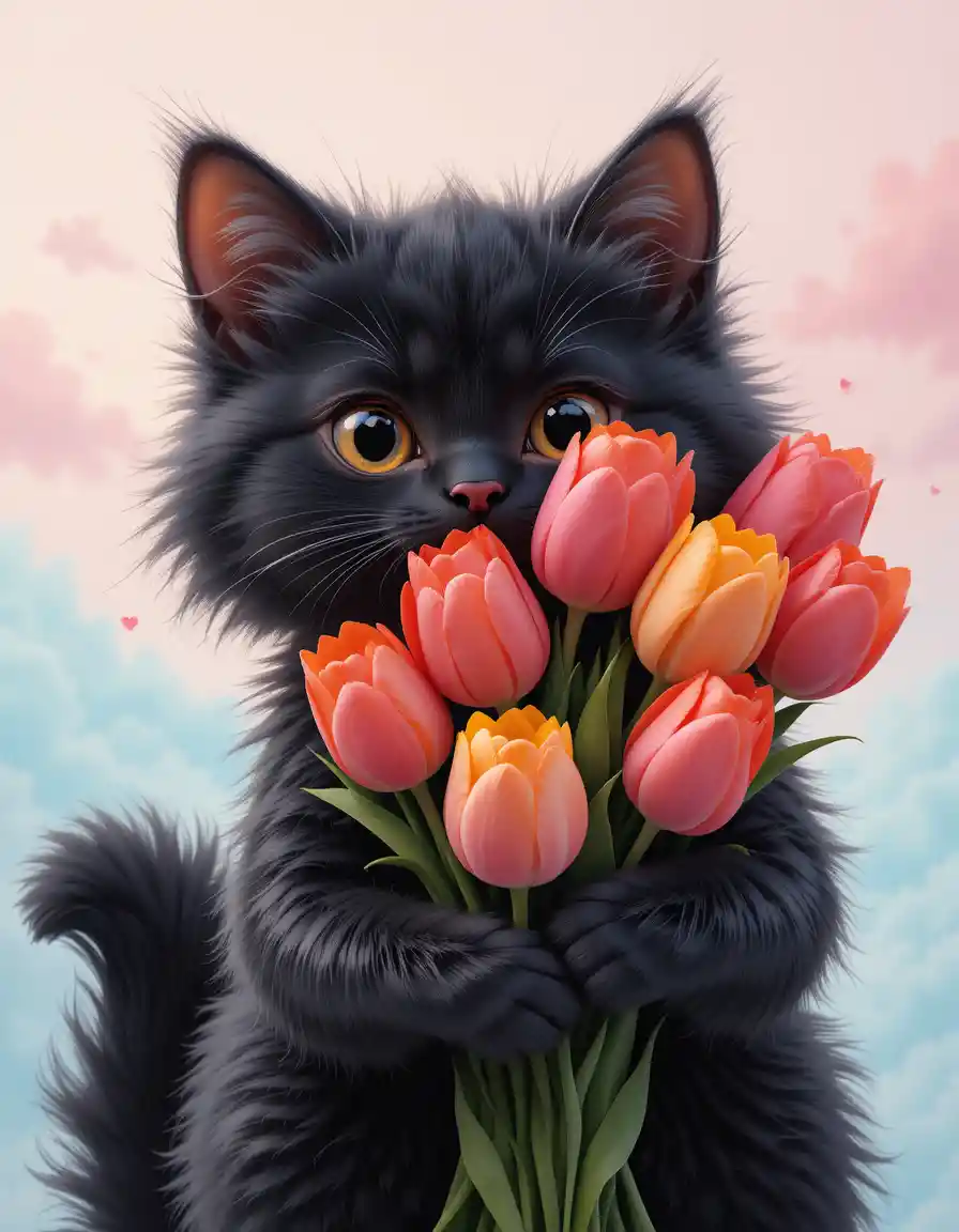 Fluffy black cat holding tulip bouquet under pastel sky